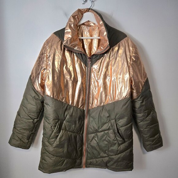 FREE PEOPLE Size XS Reversible Nylon Puffer Oversized Metallic Gold Green Coat - Picture 2 of 16